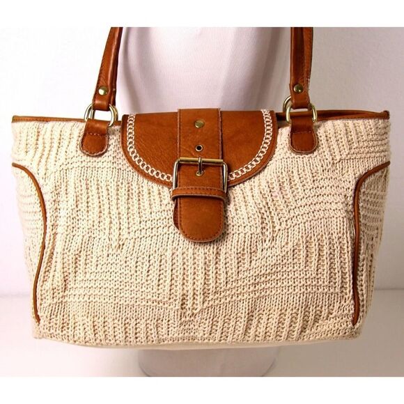 LRG BONFANTI NATURAL KNIT COTTON BROWN GENUINE LEATHER SHOULDER BAG HANDBAG HOBO - Picture 3 of 12